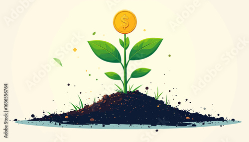 Creative concept of investment return, with a plant bearing a gold dollar coin as fruit, symbolizing wealth and financial success