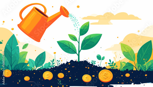 Nurturing Growth Watering Can Cultivating Plant with Coin in Soil Illustration