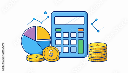Business finance and investment concept showing data analysis with a calculator, pie chart, and stacks of money for calculating profit and savings