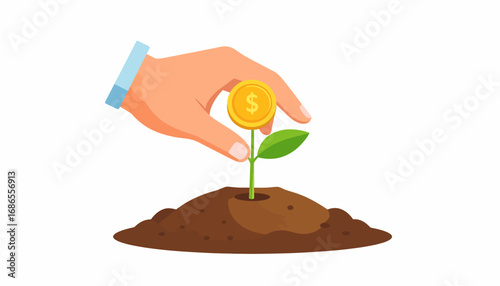 Financial growth concept showing a hand planting a gold dollar coin in soil with a green sprout, representing investment and business success