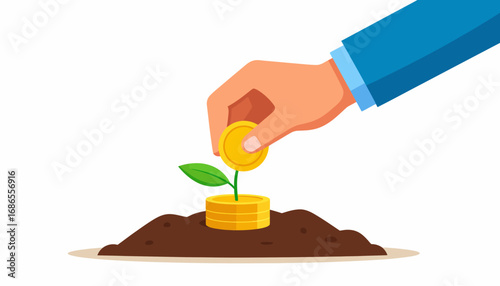 Businessman's hand planting a gold coin on a stack, nurturing a money plant for financial growth and savings