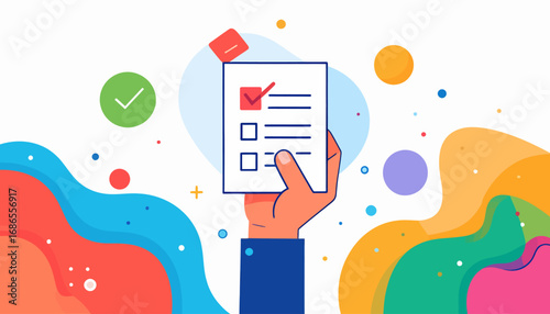 Concept of successful task completion and organization, shown by a hand ticking a checkbox on a list with a colorful abstract background
