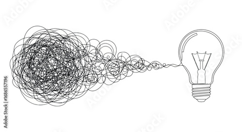 Tangled scribble line transforming into a light bulb, representing idea generation or problemsolving