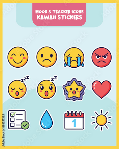 Cute kawaii mood and tracker stickers with happy, sad, star, heart, and planner icons, perfect for journaling.