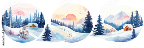 Winter snow landscape with pine trees mountain cabin sunrise scenic view minimalist watercolor style vector illustration holiday seasonal nature background panorama set