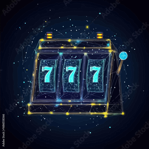 Polygonal slot machine with lucky triple seven jackpot win glowing neon low poly style on dark cosmic background digital vector illustration