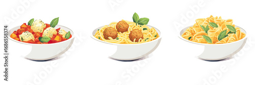 Three bowls of Italian pasta dishes with tomato sauce with mozzarella, spaghetti with meatballs, and farfalle with pesto and herbs in flat cartoon style vector illustration