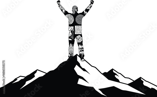 Victorious man on mountain peak, tribal art silhouette design, success concept, black and white vector