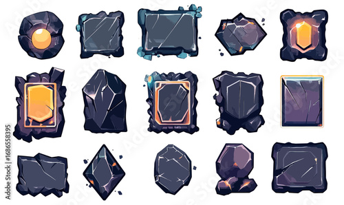 Set of stone game user interface elements with minimalist fantasy style tablets buttons frames and rocky textures for magical menu design