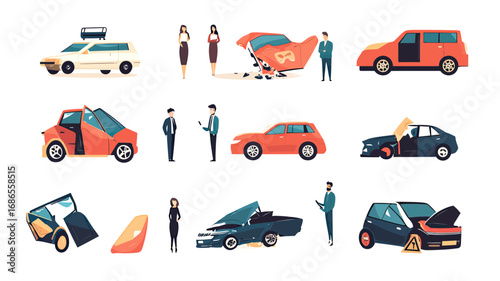 Vector set of different car crash accident scenes with damaged vehicles broken windshields people standing discussing road safety concepts flat cartoon illustration