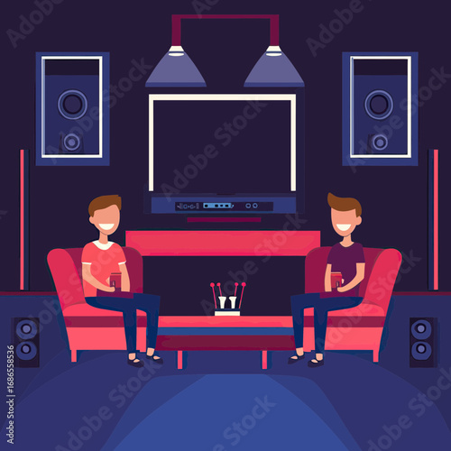 Two men sitting on red couches in modern home theater room with large TV, speakers, ambient lighting, and coffee table with drinks in minimalist flat style vector illustration