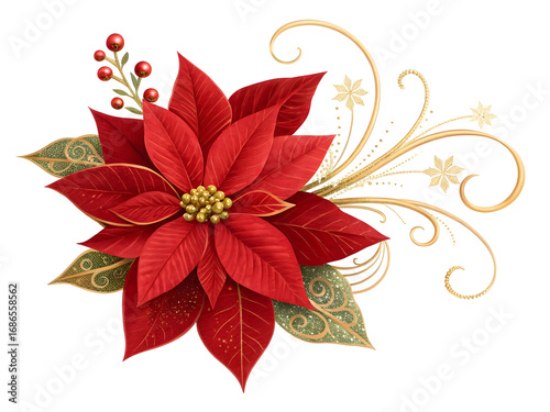 Red Poinsettia Christmas Flower with Golden Ornament and Glitter Accents  isolated on a transparent background