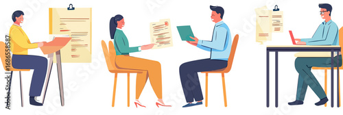 Job interview process with applicants and interviewer evaluating resumes in office setting, human resources recruitment concept vector illustration flat style