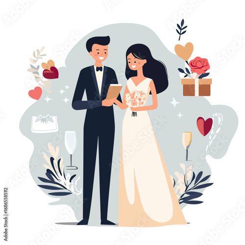 Happy bride and groom in wedding attire exchanging vows holding bouquet and book surrounded by romantic decorative elements in flat minimalist style vector illustration