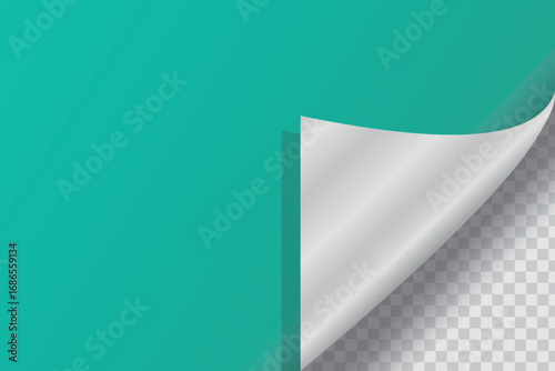 Realistic Curled page with shadow on transparent background, curled corners of a sheet of paper- stock illustration