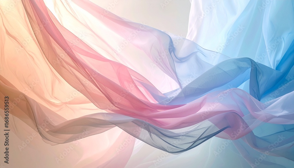 Fototapeta premium Soft pastel landscape background with flowing sheer fabric in hues of purple, white, cream, pink, and light blue. Perfect for elegant greeting cards, festive designs, or serene celebration themes