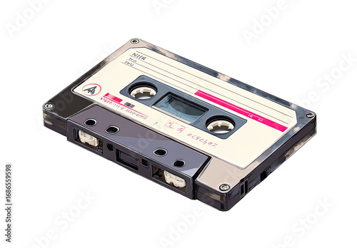 Vintage audio cassette tape, angled view.  Gray, black and cream colored plastic casing.  Pink labeling.  Details of tape mechanism visible
