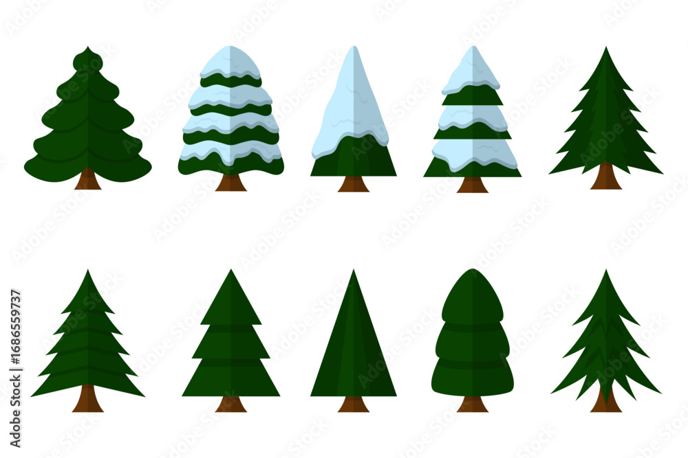 Obraz premium flat pine tree and fir tree collection