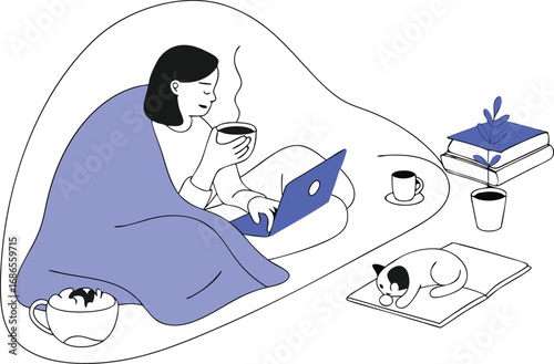 2d vector illustration of woman wrapped in blanket with laptop and hot drink