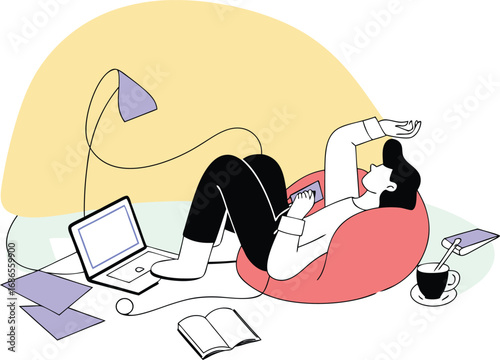 2d vector illustration of person relaxing with laptop and phone on bean bag