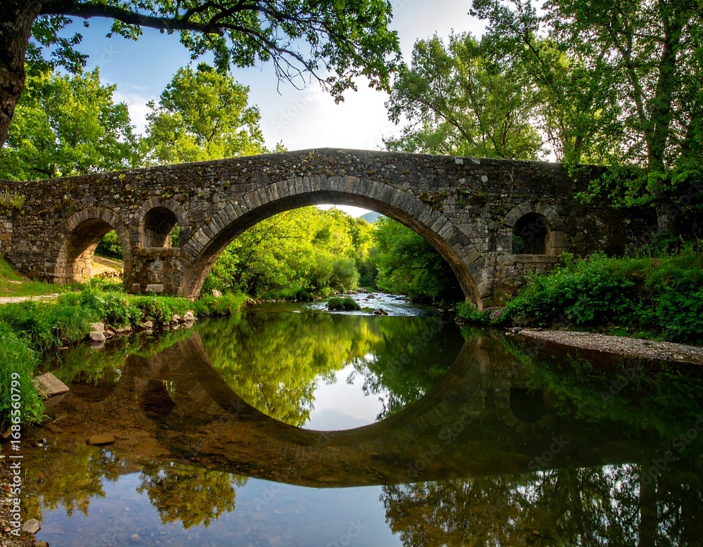 Fototapeta premium Ancient stone bridge over a tranquil river