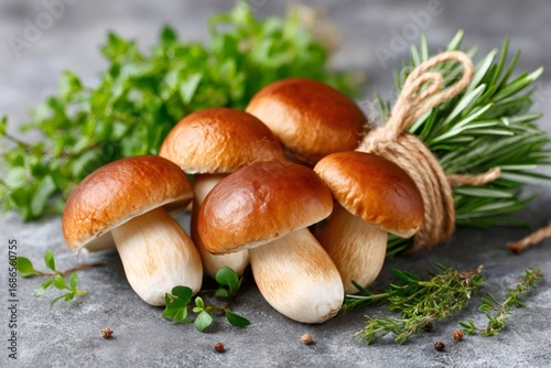 Fresh penny bun mushrooms with herbs and spices lying on gray table