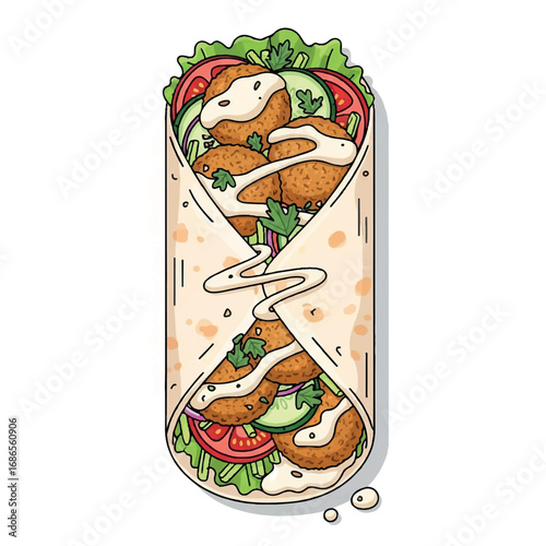 Delicious Falafel Wrap with Fresh Vegetables and Sauce.