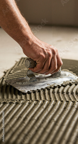 Hand applying tile adhesive with a notched trowel on floor  