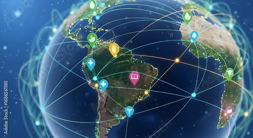 3D rendering of Earth with an interconnected network, highlighting pin locations for health, food, and education, symbolizing global reach and interconnected services.