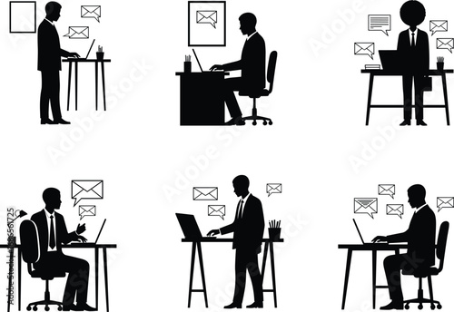 Black silhouette illustrations of professionals working at desks with laptops, surrounded by email icons representing digital communication and multitasking workflow