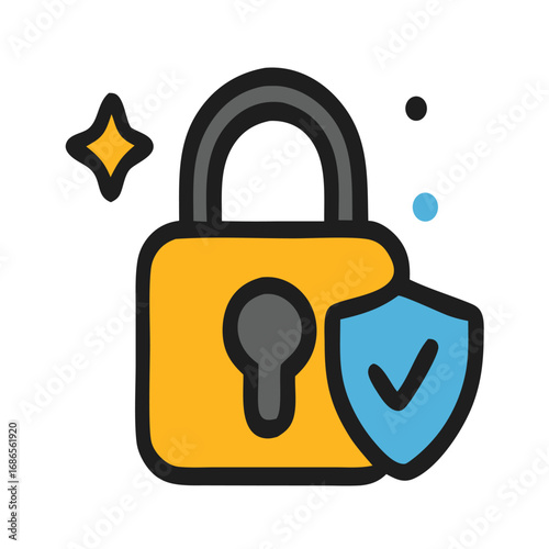 Vector icon of security lock with shield and check mark, symbolizing data protection, privacy, cyber security, safe login, online safety, and trusted digital access