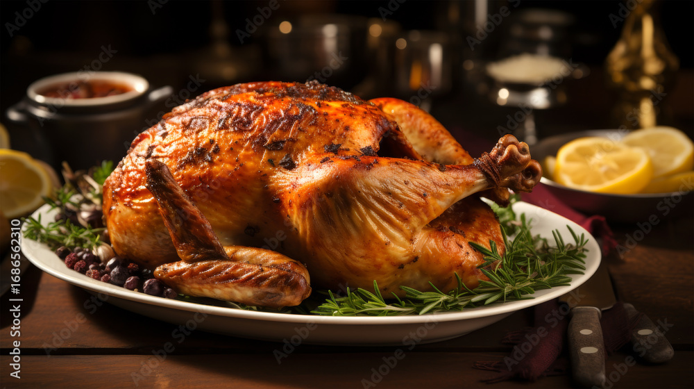 Fototapeta premium Roasted chicken with herbs and crispy skin 