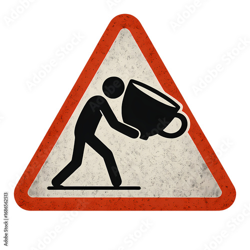 Warning sign depicts person struggling with oversized coffee cup, humorously representing caffeine overload or work stress