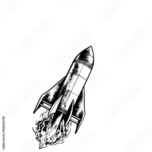 Black and white illustration of a rocket launching into space with fiery exhaust from its engine, depicted in a vintage style.