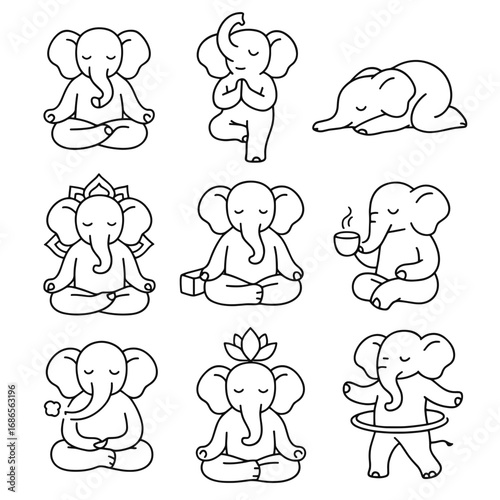 Elephant yoga vector icon set with various poses and actions  