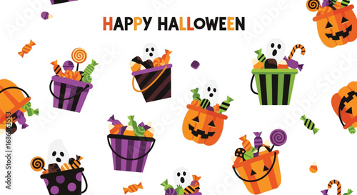 Festive happy halloween with buckets full of candies and sweets, perfect for greeting cards and invitations