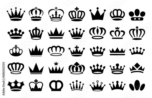 Collection of Black Silhouette Crown Icons on White Background