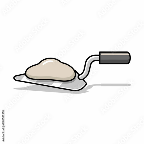 A charming cartoon illustration depicts a silver construction trowel holding a blob of light grey mortar, ready for building and masonry work.