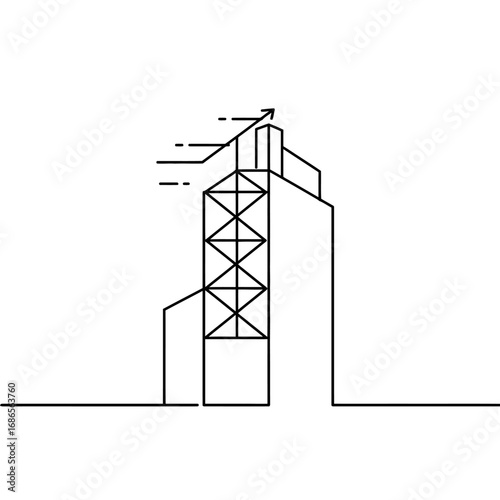 A minimalist continuous line art illustration depicts an industrial factory building with an upward arrow suggesting emissions or technological advancement.