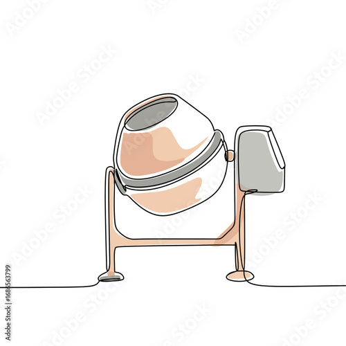 A modern continuous line art illustration depicts a robust cement mixer, essential equipment for various construction projects and building tasks.