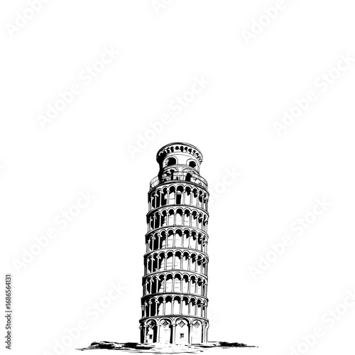 Black and white illustration of the Leaning Tower of Pisa, a famous architectural landmark.