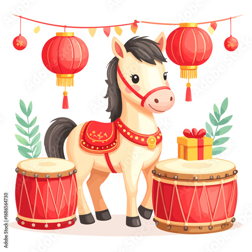 Cute cartoon horse with red saddle for Chinese New Year celebration.
