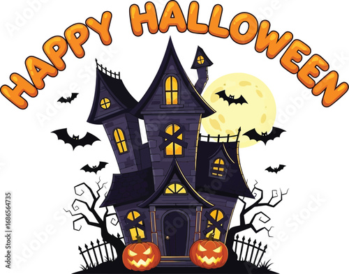 Spooky haunted house with pumpkins and bats, perfect for halloween invitations and greeting cards