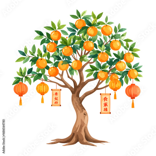 Festive Orange Tree with Lanterns and Calligraphy for Chinese New Year.