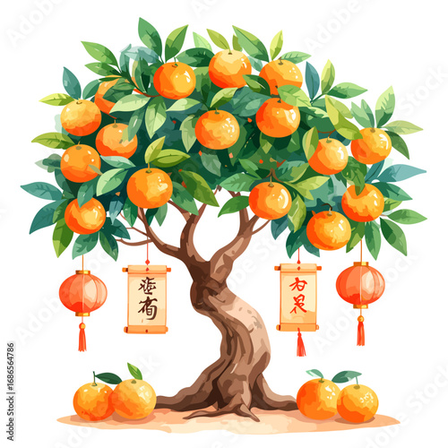 Vibrant watercolor painting of a flourishing orange tree adorned with festive decorations.