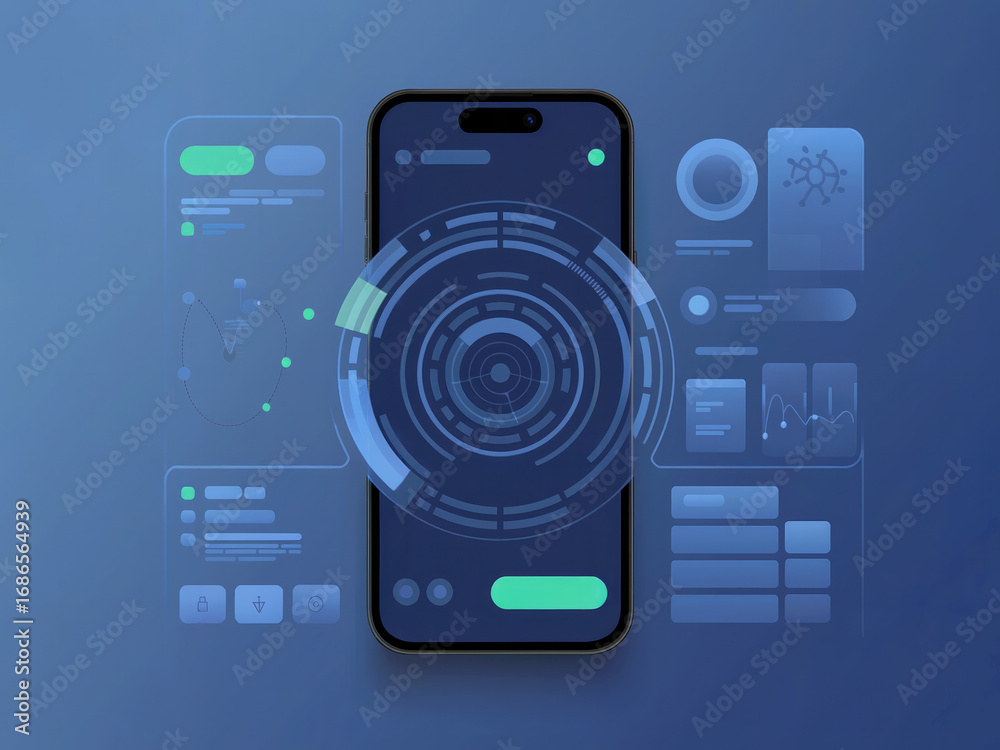 Naklejka premium Futuristic mobile app UI UX design with holographic smartphone interface, abstract technology background for digital apps, innovation, user experience, web design, software and modern phone illustrati