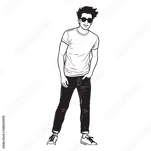 Handsome Man Black and White Illustration Vector Image Male Portrait Fashion Sketch Line Art Design