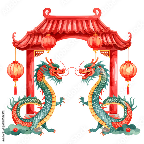 Pair of Chinese Dragons Guarding a Red Archway.