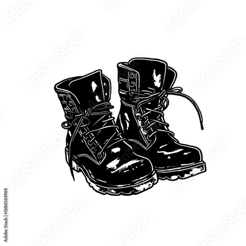 A black and white graphic illustration of a pair of shiny, laced-up combat boots isolated on a plain background.