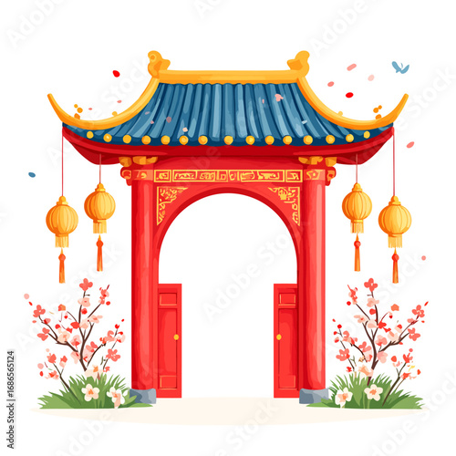 Ornate Chinese Gate with Lanterns and Blossoms for Celebrations.